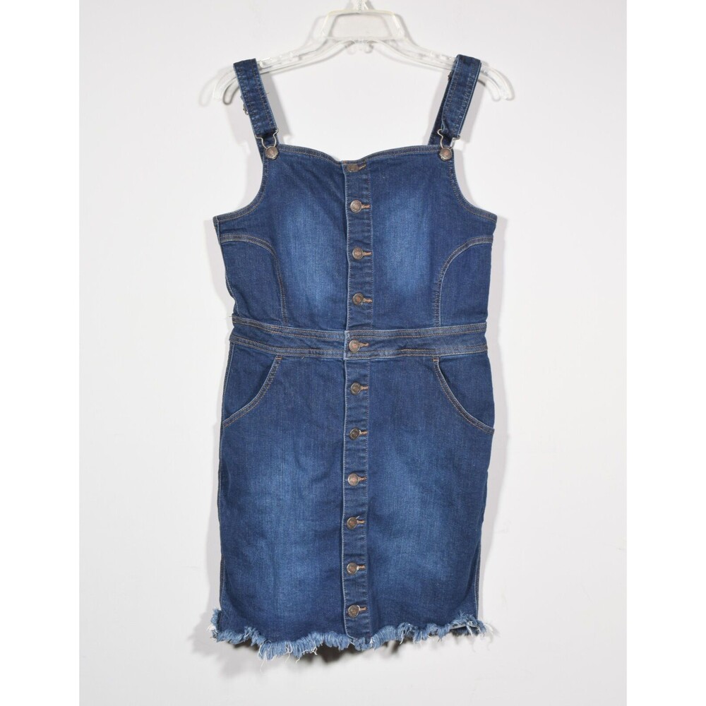 Wax Jean Basic Denim Dark Blue Button Front Fitted Overall Dress Sz L